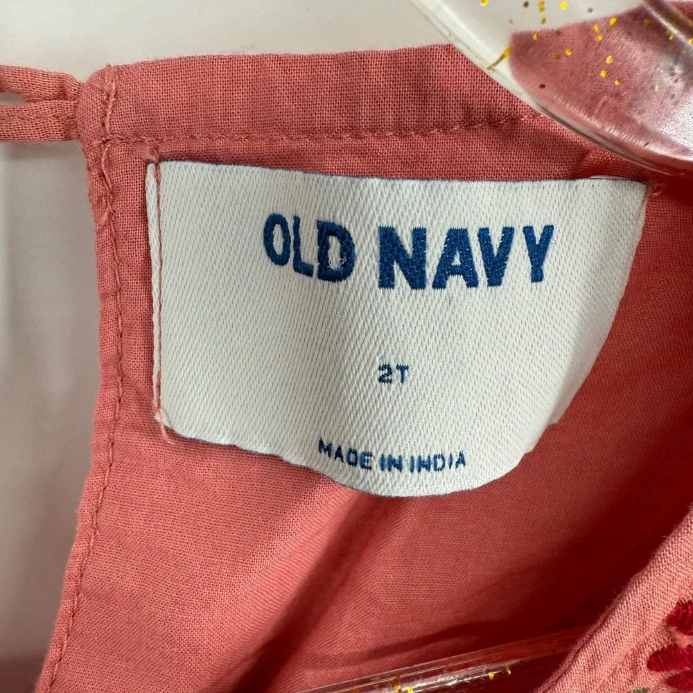 Old‎ Navy Coral Pink Embroidered Flower Dress Toddler Girls Size 2T Long Sleeve